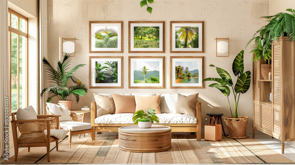 A photo gallery with a nature inspired motif, with wooden frames, placed on a beige wall in a calm room with natural light A photo gallery with a nature inspired motif, with wooden frames, placed on a beige wall in a calm room with natural light