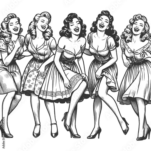 pin-up girls lined up, each dressed in distinct, stylish outfits and heels, capturing classic charm sketch engraving generative ai fictional character vector illustration. Black and white image.