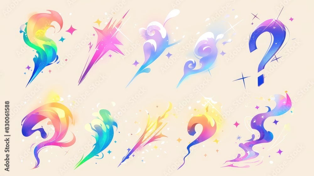 Obraz premium A delightful assortment of timeless 2D cartoon special effects awaits 10 whimsical elements including a question mark exclamation mark dazzling flash whimsical span billowing smoke gentle b