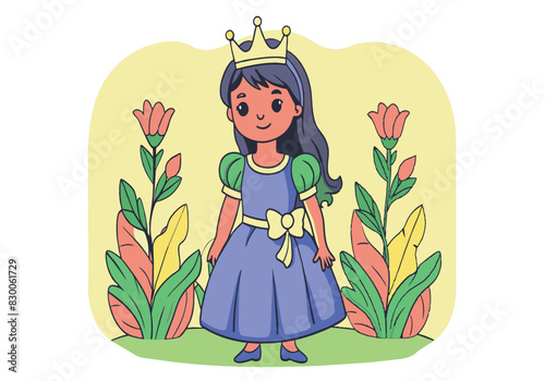 A young girl in a blue dress is standing in a field of flowers