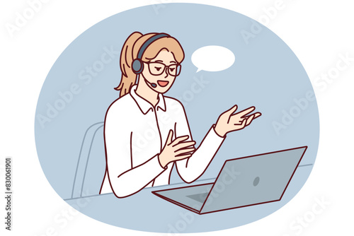 Professional female technical support agent use laptop and headset to consult users. Girl call center operator consult clients and potential buyers who applied via telephony to order services