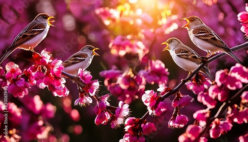 Chirping Chorus: Birds on Blooming Branches