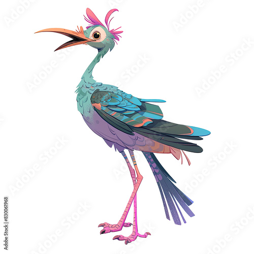 An illustration of a long-legged bird with aquatic-colored feathers