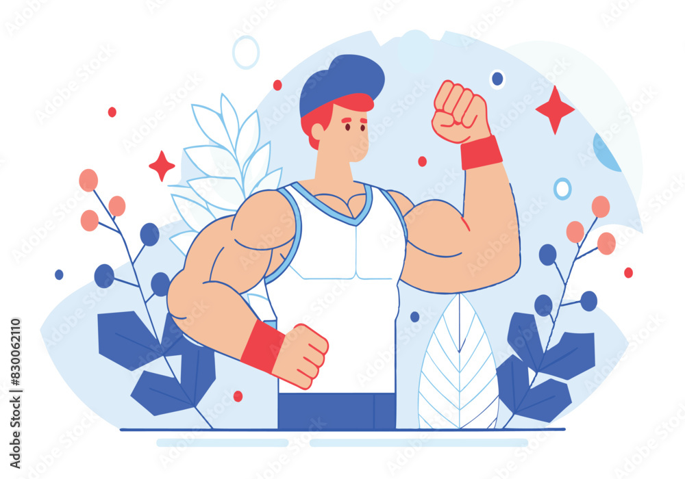 A man with a blue hat and a red band on his arm is flexing his muscles A man with a blue hat and a red band on his arm is flexing his muscles