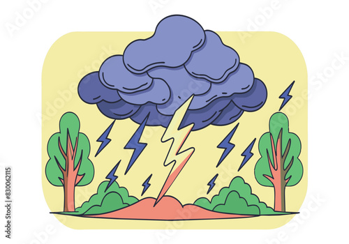 A cartoon drawing of a storm with lightning bolts and trees in the background