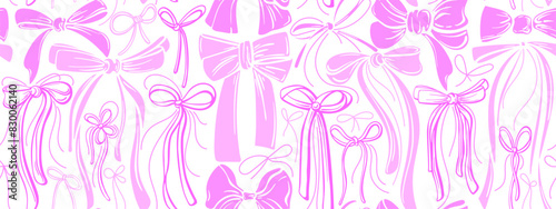 Bow sketch seamless backdrop. Vector pink ribbons