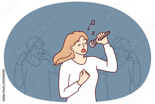 Woman sings in karaoke standing near friends covering ears due to unbearable voice or high volume. Girl suffering from stress performs songs in Karaoke, preventing people around from relaxing