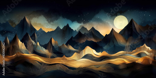 Mountains luxury landscape background panorama in the dark time of day in a bright golden color