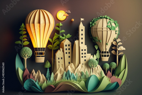 Paper art style eco friendly planet, clean energy concept with green plants and light bulb, green energy