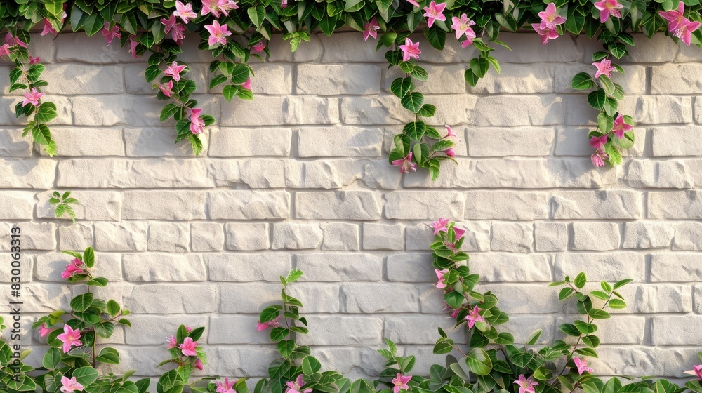 climbing plants blooming near a brick wall, their lush green leaves and vibrant pink flowers adding a touch of life and color to the grey stone backdrop of the garden landscape.