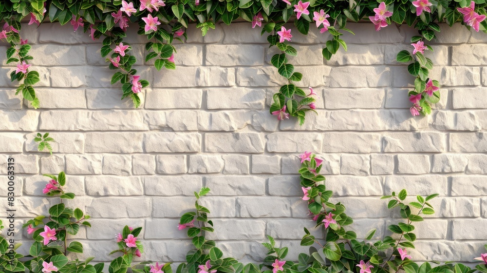 climbing plants blooming near a brick wall, their lush green leaves and vibrant pink flowers adding a touch of life and color to the grey stone backdrop of the garden landscape. climbing plants blooming near a brick wall, their lush green leaves and vibrant pink flowers adding a touch of life and color to the grey stone backdrop of the garden landscape.