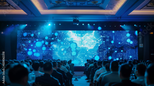 A conference held in a hotel, with many people sitting at long tables and watching PowerPoint presentations on stage. The main color was blue, creating an atmosphere of professional experience develop
