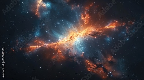 A colorful nebula with orange and blue swirls