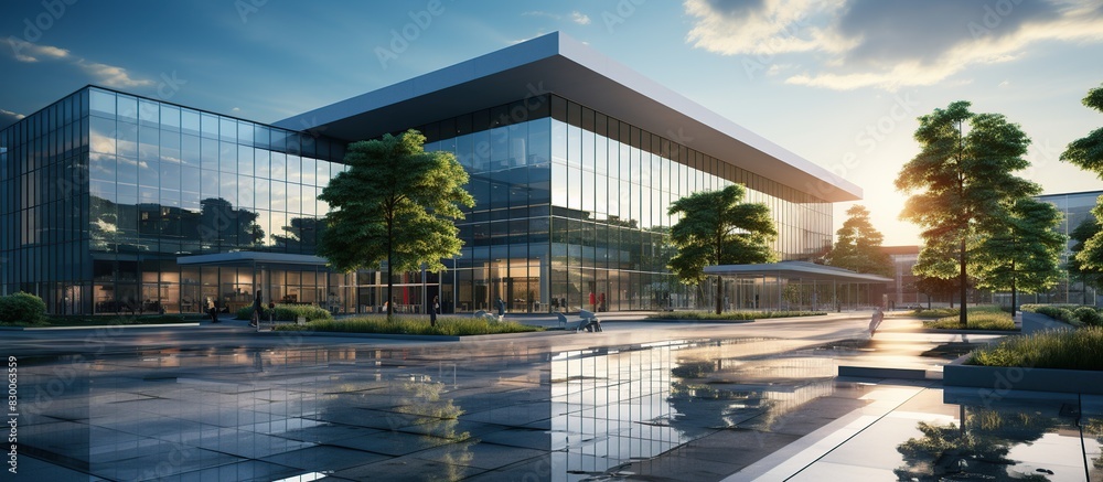 Portrait photo of glass office building exterior under clear sky and trees