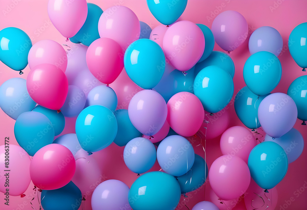 A pink background with floating blue balloons and bubbles A pink background with floating blue balloons and bubbles