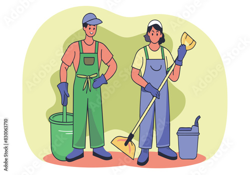 Two people are cleaning a room