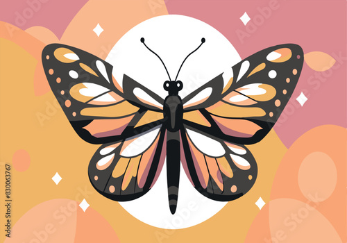 A butterfly with orange and black wings is sitting on a yellow background