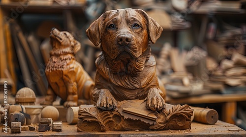 A dog statue is sitting on a table with other dog statues photo