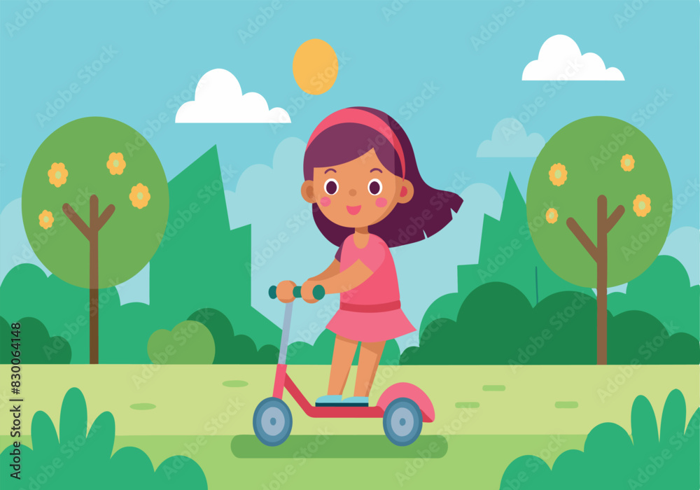 A girl is riding a red scooter in a park A girl is riding a red scooter in a park