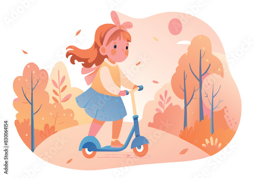 A girl is riding a scooter in a park