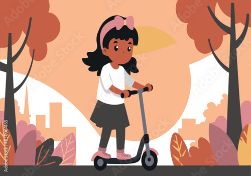 A girl is riding a scooter in a park