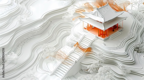Orange and white wavy mountains traditional architecture poster background