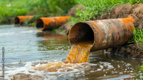 Waste flowing out of pipe into river, environmental pollution concept