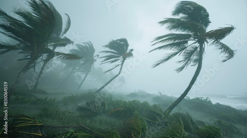 Heavy wind bends palms, storm, typhoon in tropics