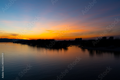 Tranquil sunset over Danube river in Novi Sad  Serbia in winter evening
