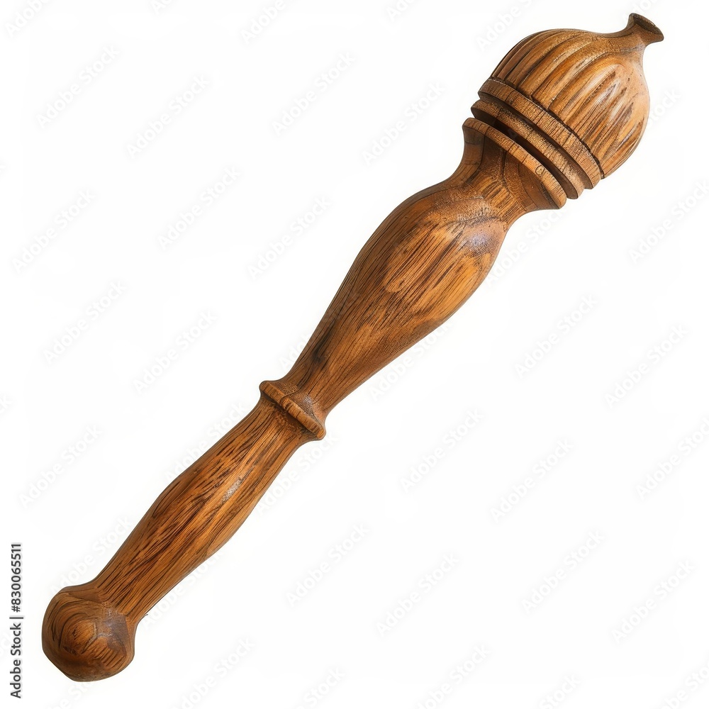 Wooden immersion blender with a rustic, handcarved handle, isolated solid white background Wooden immersion blender with a rustic, handcarved handle, isolated solid white background