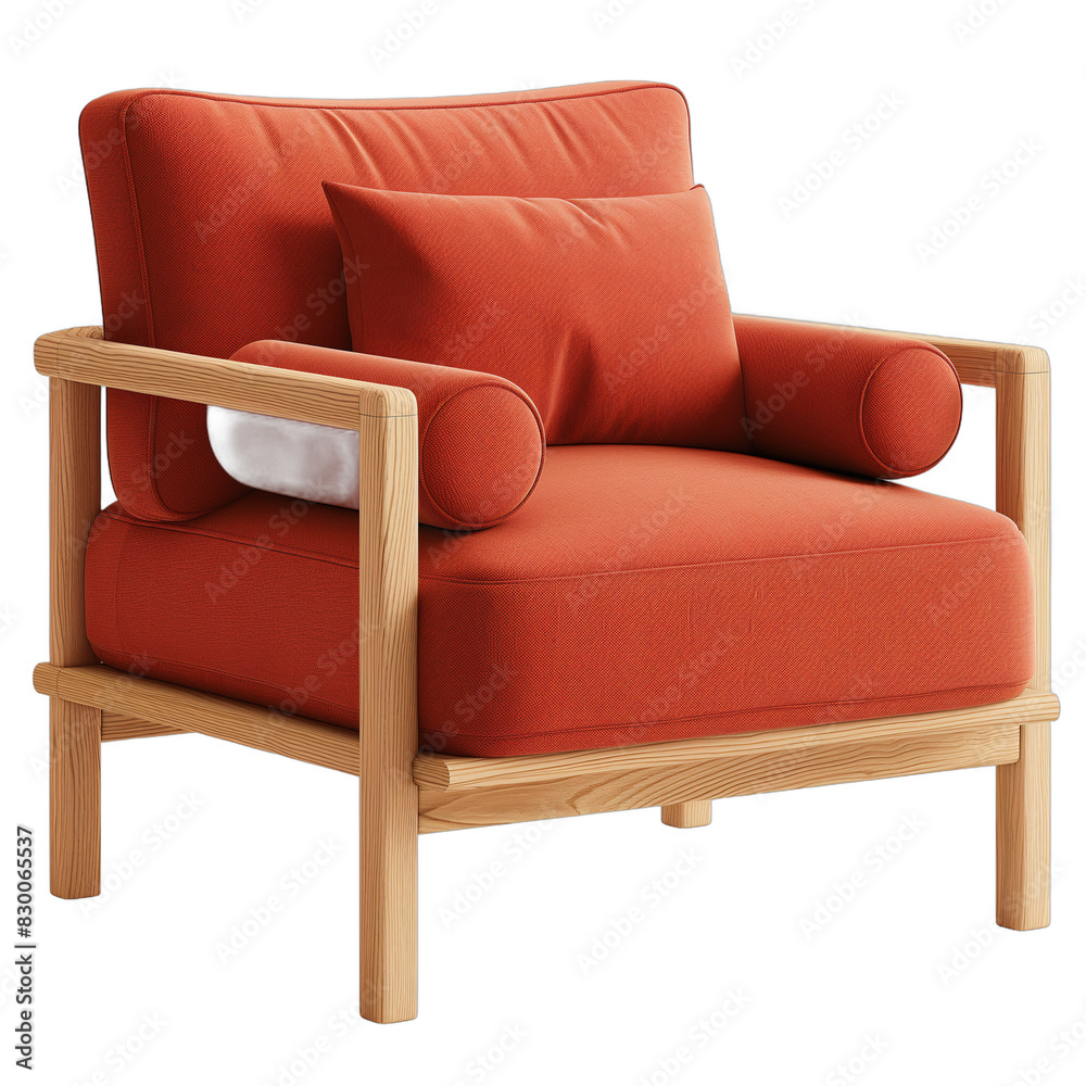 Modern orange armchair with wooden and two pillows isolated on white background 3d rendering Modern orange armchair with wooden and two pillows isolated on white background 3d rendering