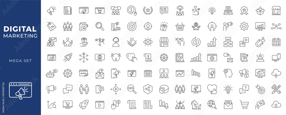 Digital marketing icon set. Containing seo, content, website, social media, sales and online advertising. Solid vector symbol collection Digital marketing icon set. Containing seo, content, website, social media, sales and online advertising. Solid vector symbol collection