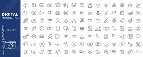 Digital marketing icon set. Containing seo, content, website, social media, sales and online advertising. Solid vector symbol collection