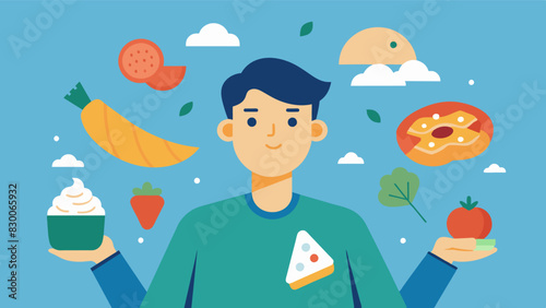 Once a picky eater the man now eagerly tries new foods and recipes expanding his palate and finding creative ways to incorporate healthy fats and proteins into his diet.. Vector illustration