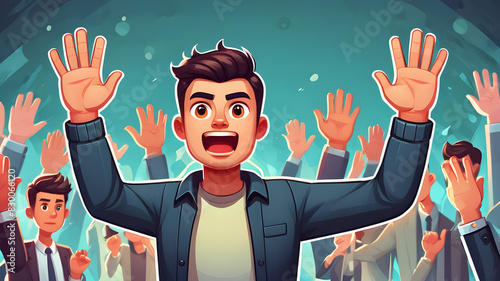 Fearful man raised his hands in protest, cartoon modern illustration, flat icon, Generative AI