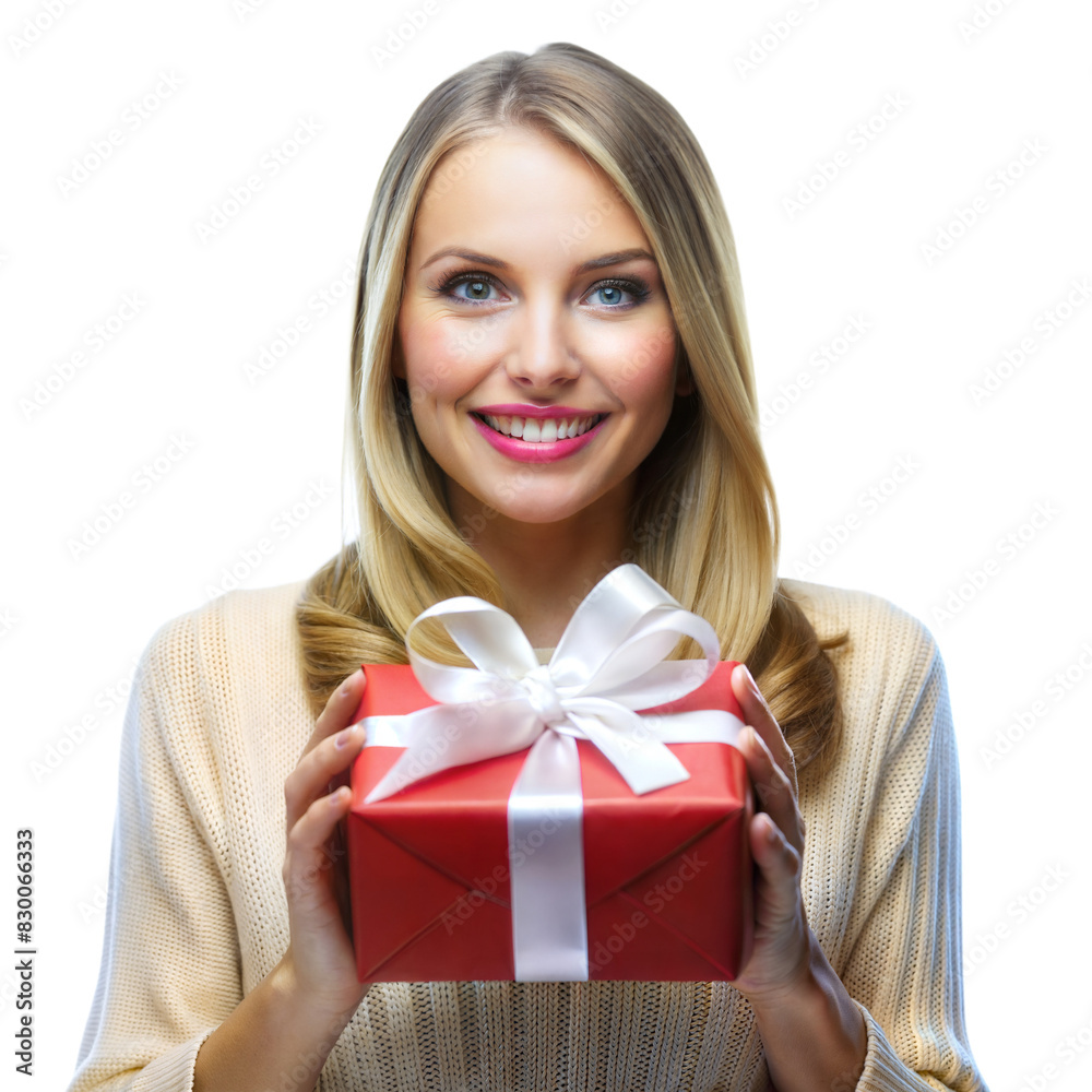 A woman holding a red gift box with a white ribbon in her hands A woman holding a red gift box with a white ribbon in her hands