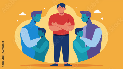 A man experiencing body image issues and low selfesteem triggered by the medias depiction of the ideal .. Vector illustration