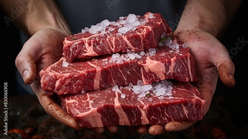 hands hold raw steak on rustic wooden cutting board on Cooking photo