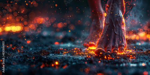 Foot Pain: The Aching, Burning Sensation of Sore Feet - Visualize a scene where the feet ache and burn, with every step feeling like walking on hot coals photo