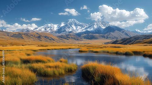 majestic image of Deosai National Park vast grassland stretching horizon snowcapped peak of Himalayas towering distance park's pristine wilderness diverse wildlife including endangered Himalayan brown photo