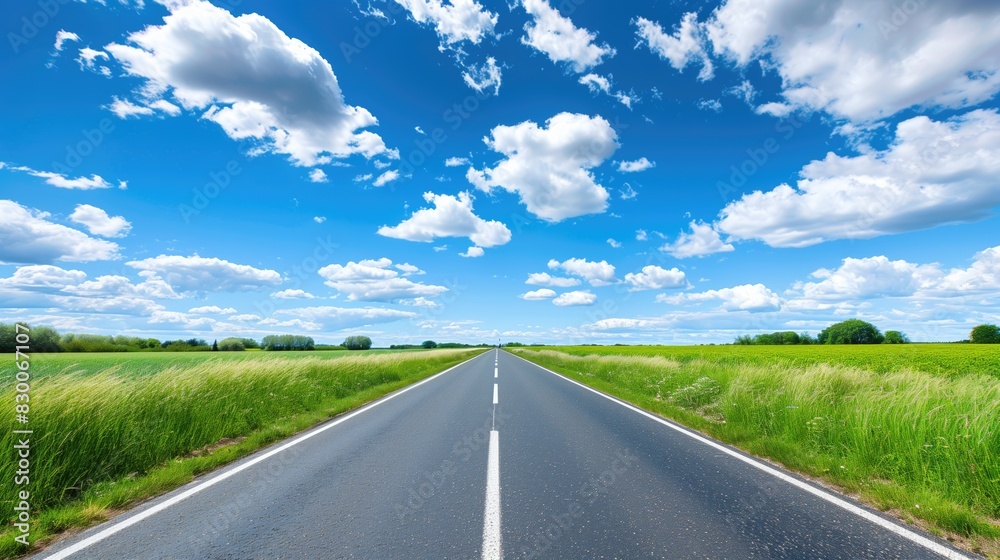 Low angle empty asphalt road on sunny day with blue sky