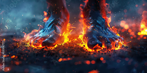 Foot Pain: The Aching, Burning Sensation of Sore Feet - Visualize a scene where the feet ache and burn, with every step feeling like walking on hot coals photo