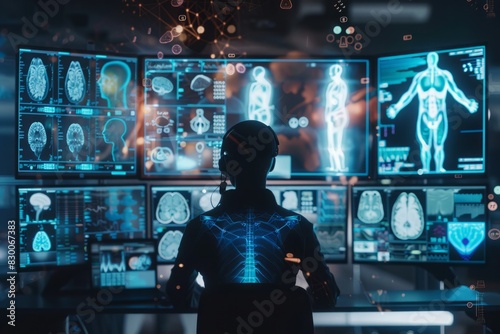 Radiologist viewing 3D body scans on multiple screens  in radiology lab  imaging data flowing seamlessly. Medical imaging tech  radiology data.   background blur