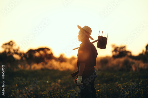 A cassava farmer holds a hoe and stands in the middle of his field during sunset. photo