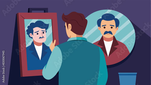 A middleaged man obsessively checking his appearance in the mirror after seeing photoshopped images of male celebrities in the media.. Vector illustration