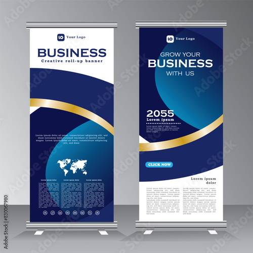 roll up banner template design, roll up banner design template with blue color, Vertical banner template, pull up, sandees, for event, project, exhibition, conferance, company,  photo