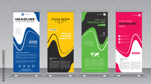 Roll up banner stand template design, Roll up banner set, vertical banner set with pink, orange, blue and green,  Vector eps 10