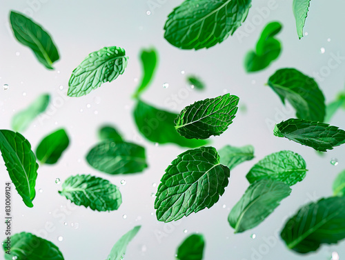 Set of bright mint leaves isolated on white background. photography of MINT falling from the sky, hyperpop colour scheme. glossy, white background