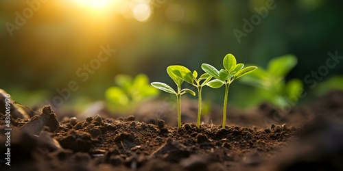 New sprouts grow in a field with fertile soil aiding in sustainability. Concept Agriculture, Sustainability, Soil Health, New Growth, Fertile Land