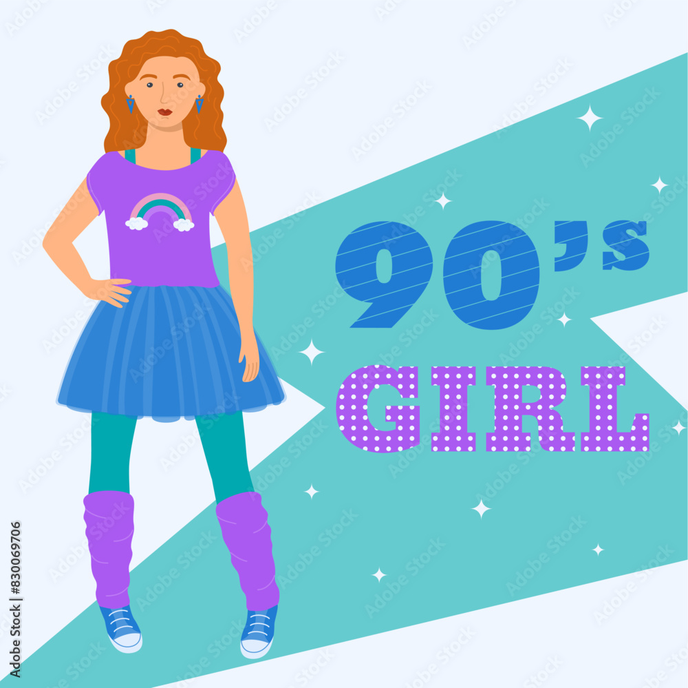 A girl in a T-shirt, skirt and leggings in a retro style. 90 characters. y2k characters. Fashion of the 90s. A girl in a T-shirt, skirt and leggings in a retro style. 90 characters. y2k characters. Fashion of the 90s.